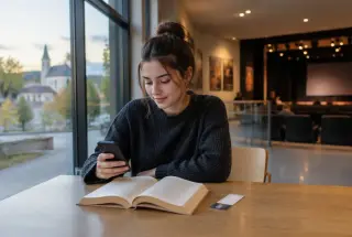 Jeune adulte consultant son smartphone à côté d’un livre dans un espace culturel, avec une salle de spectacle floue en arrière-plan.