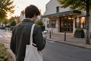 Jeune adulte consultant son smartphone devant une salle culturelle dans une commune française proche de Limours, avec un livre dans son sac.