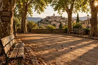 sun-dappled outdoor pétanque court in Provence with plane trees, golden late afternoon light, empty benches and rustic atmosphere