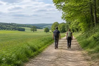 Deux randonneurs marchent sur un chemin de terre entre champs et lisière de forêt près de Limours, dans le sud de l’Essonne.