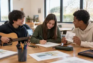 Trois adolescents participent à un atelier artistique dans une salle municipale, entre guitare et dessin.